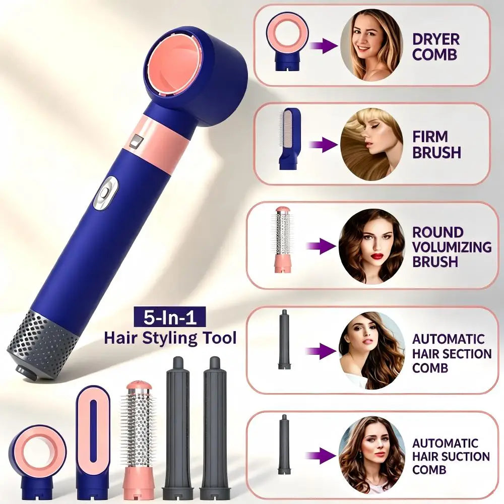 Multifunctional 5 In 1 Hair Styling Tool Electric Hot Comb Hair Dryer with 5 Interchangeable Brush Heads One Step Hair Dryer Volumizer for Wet Dry Use Fast Heating for Home Travel