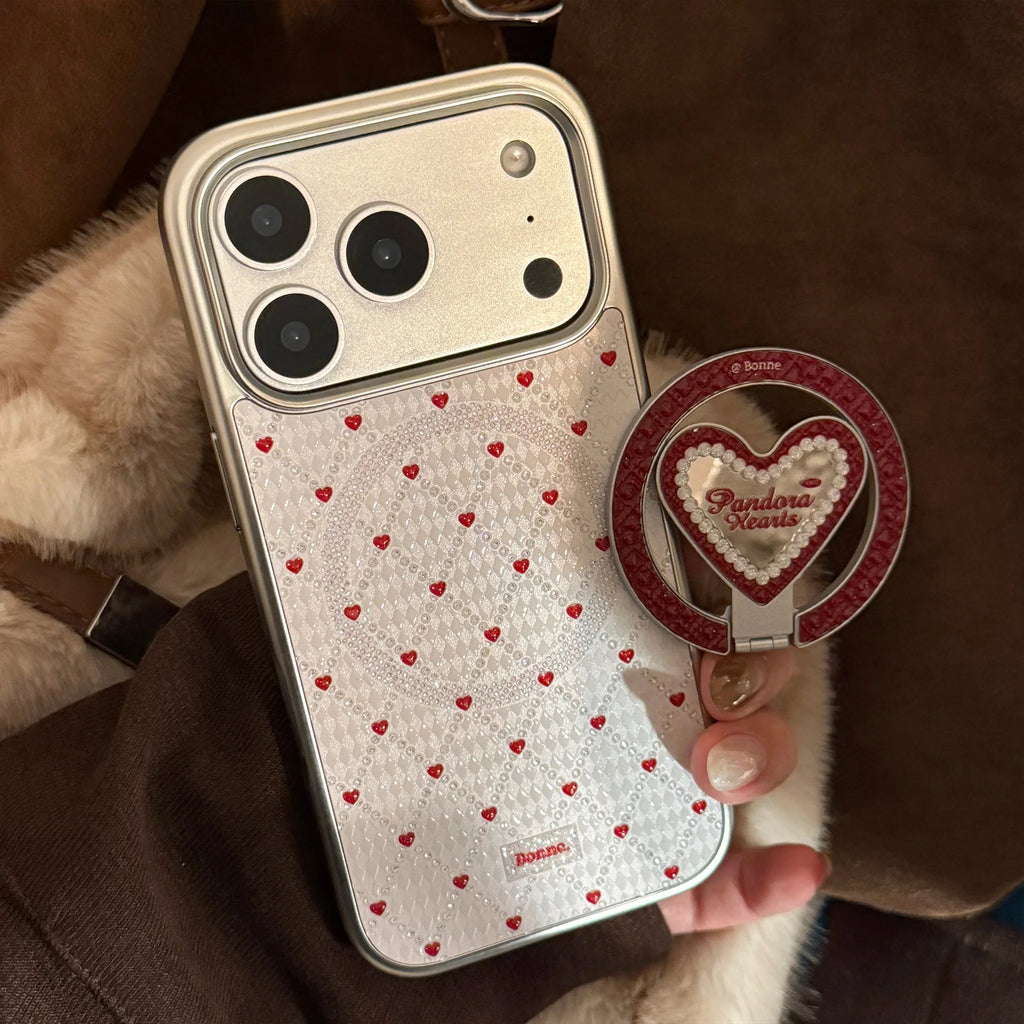 French Style Red Sanding Texture Heart Mirror With Holder Magnetic Phone Cover Case for iPhone 17 16 15 14 13 12 Pro Max Plus