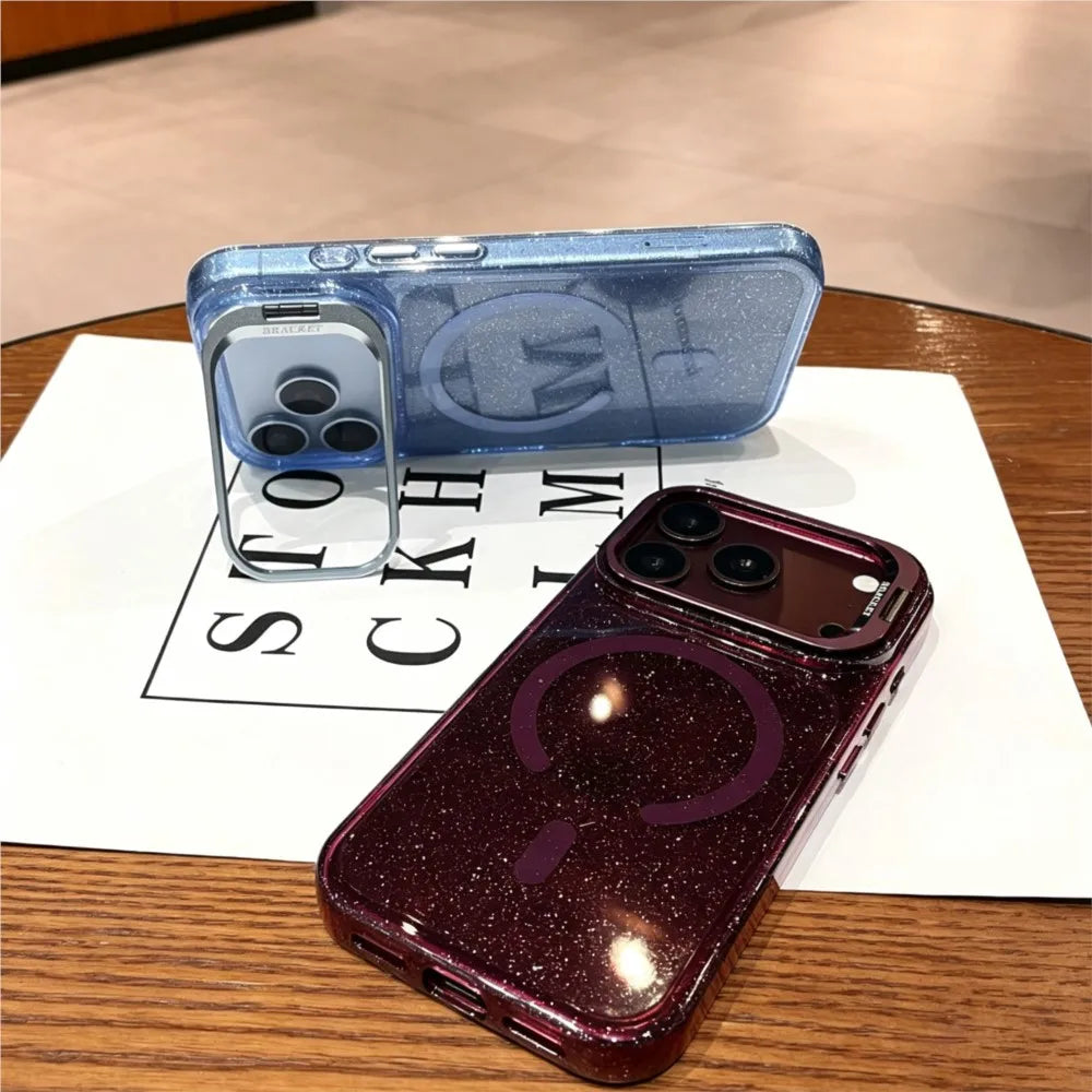 Luxury Bling Glitter Camera Protection Stand Holder Clear Case For iPhone 18 17 16 15 14 13 Pro Max For Magsafe Shockproof Cover