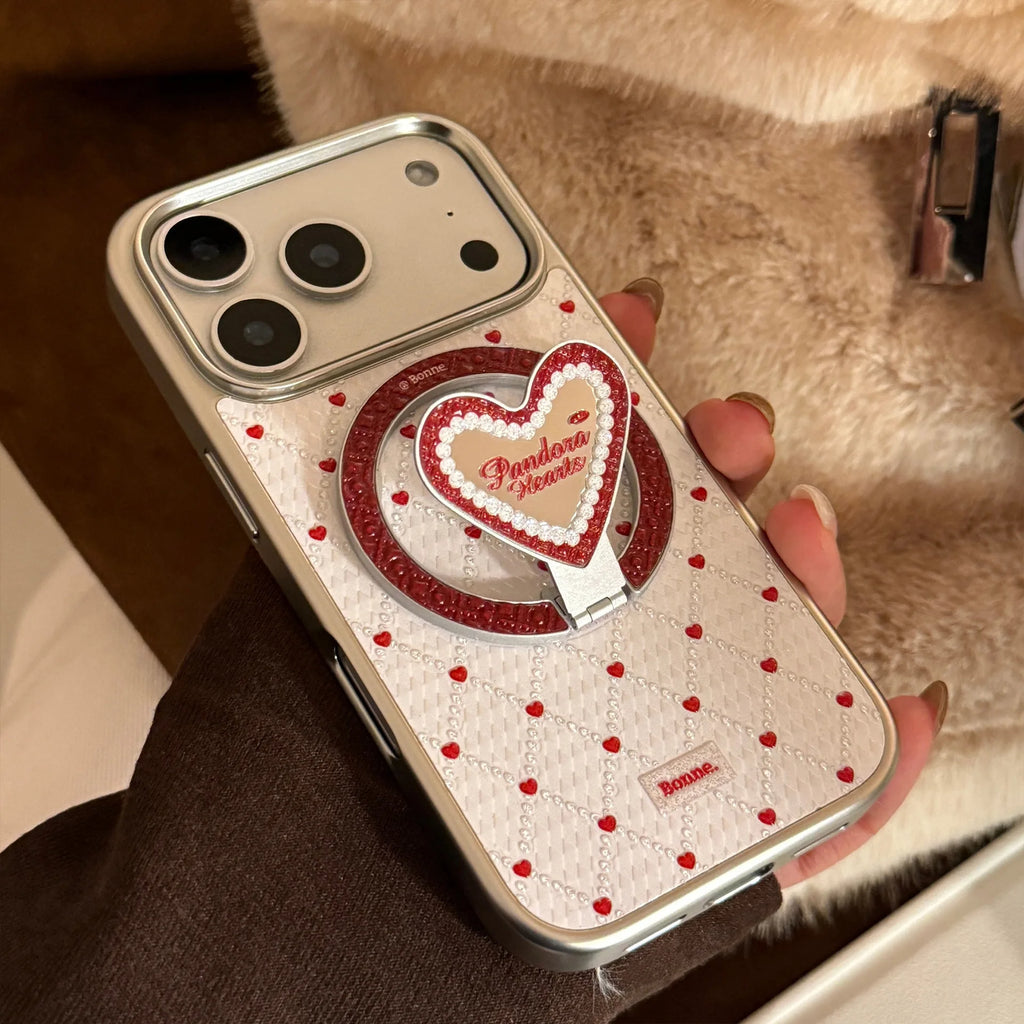 French Style Red Sanding Texture Heart Mirror With Holder Magnetic Phone Cover Case for iPhone 17 16 15 14 13 12 Pro Max Plus