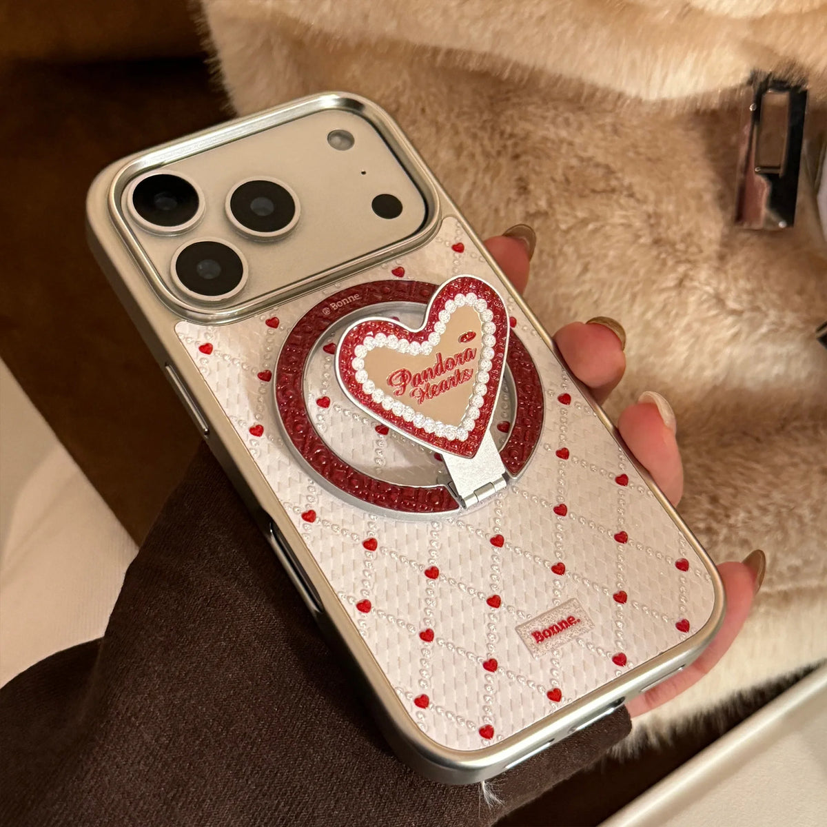 French Style Red Sanding Texture Heart Mirror With Holder Magnetic Phone Cover Case for iPhone 17 16 15 14 13 12 Pro Max Plus