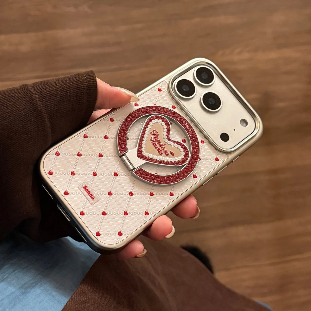 French Style Red Sanding Texture Heart Mirror With Holder Magnetic Phone Cover Case for iPhone 17 16 15 14 13 12 Pro Max Plus