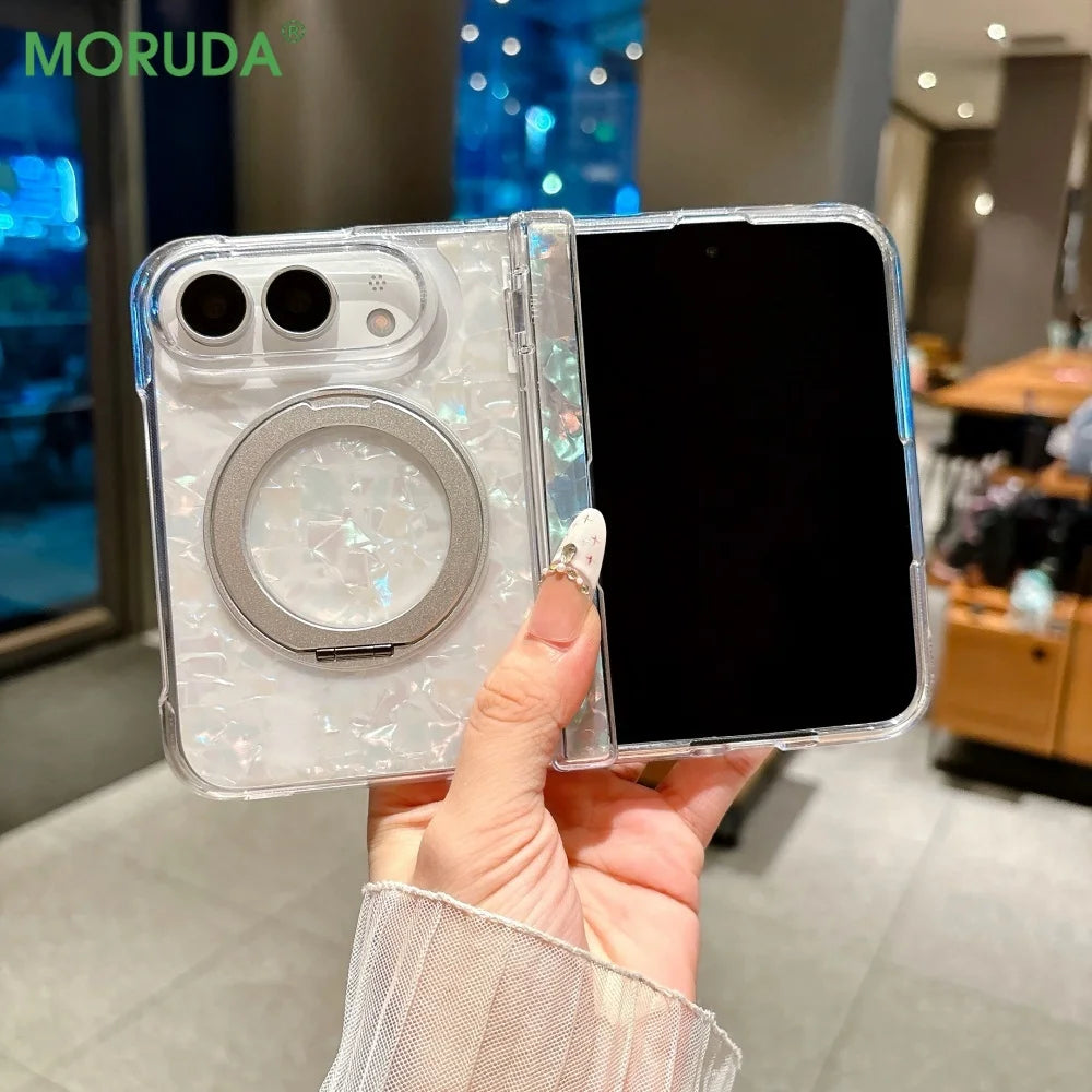 Luxury 360 Rotating Stand Bracket Shell Texture for Magsafe Case For iPhone Duo duo Fold Hinge Protect Shockproof Hard PC Cover