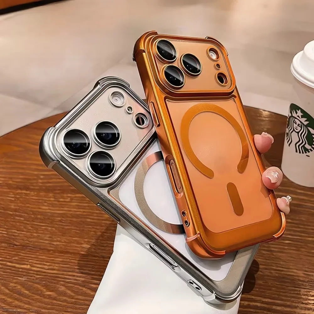 Luxury Plating Airbag for Magsafe Magnetic Case For iPhone 18 Pro Max 17 Pro 13 14 16 Plus 15 Shockproof Lens Protect Back Cover
