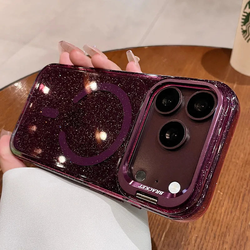 Luxury Bling Glitter Camera Protection Stand Holder Clear Case For iPhone 18 17 16 15 14 13 Pro Max For Magsafe Shockproof Cover