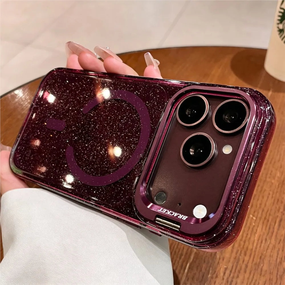 Luxury Bling Glitter Camera Protection Stand Holder Clear Case For iPhone 18 17 16 15 14 13 Pro Max For Magsafe Shockproof Cover