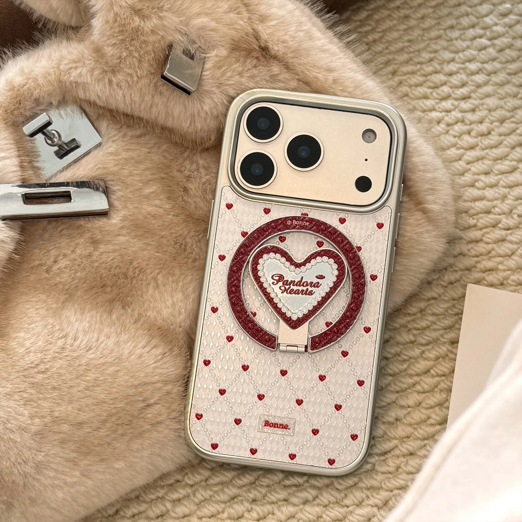 French Style Red Sanding Texture Heart Mirror With Holder Magnetic Phone Cover Case for iPhone 17 16 15 14 13 12 Pro Max Plus