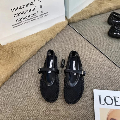 2025 Nieuwe platte balletschoenen voor dames met holle mesh - Casual mode Veelzijdige ademende visnetsandalen