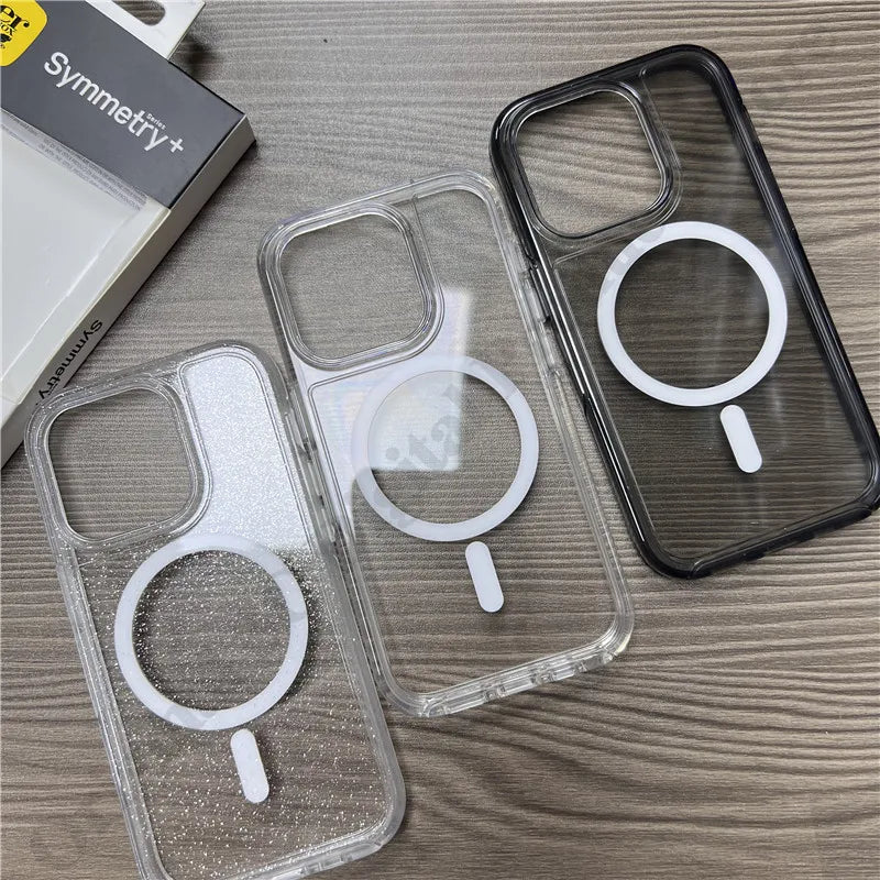 Transparante hoes Symmetry+ Series magnetische hoes met logo voor iPhone 12 13 14 15 16 Plus 17 Pro Max beschermhoes met verpakkingsdoos