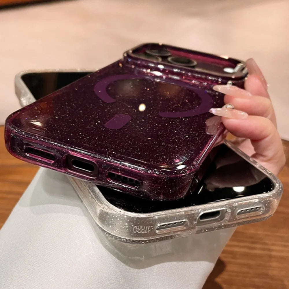 Luxury Bling Glitter Camera Protection Stand Holder Clear Case For iPhone 18 17 16 15 14 13 Pro Max For Magsafe Shockproof Cover