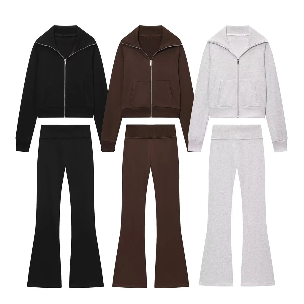2025 Herfst Nieuwe Vrouwen Casual Revers Lange Mouwen Rits Fleece Jas + Hoge Taille Badstof Uitlopende Broek