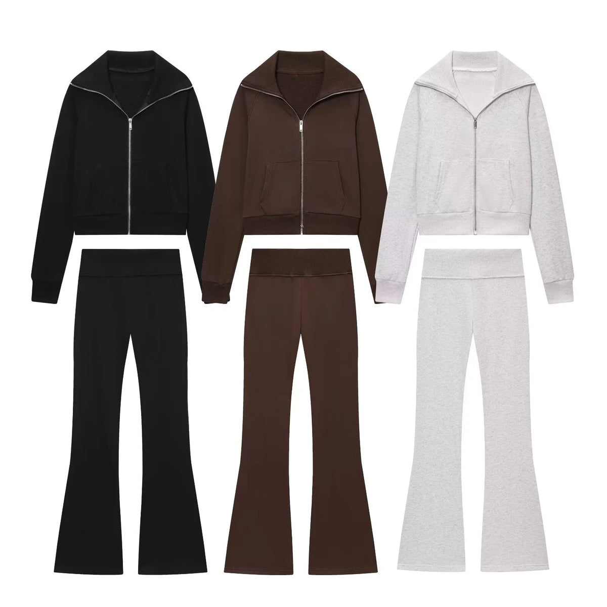 2025 Herfst Nieuwe Vrouwen Casual Revers Lange Mouwen Rits Fleece Jas + Hoge Taille Badstof Uitlopende Broek