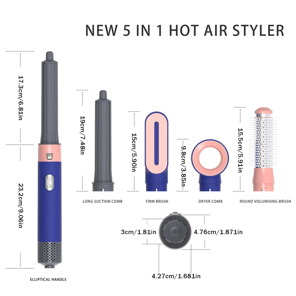 Multifunctional 5 In 1 Hair Styling Tool Electric Hot Comb Hair Dryer with 5 Interchangeable Brush Heads One Step Hair Dryer Volumizer for Wet Dry Use Fast Heating for Home Travel