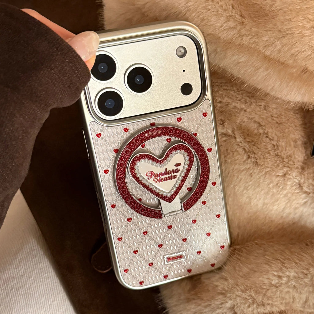 French Style Red Sanding Texture Heart Mirror With Holder Magnetic Phone Cover Case for iPhone 17 16 15 14 13 12 Pro Max Plus