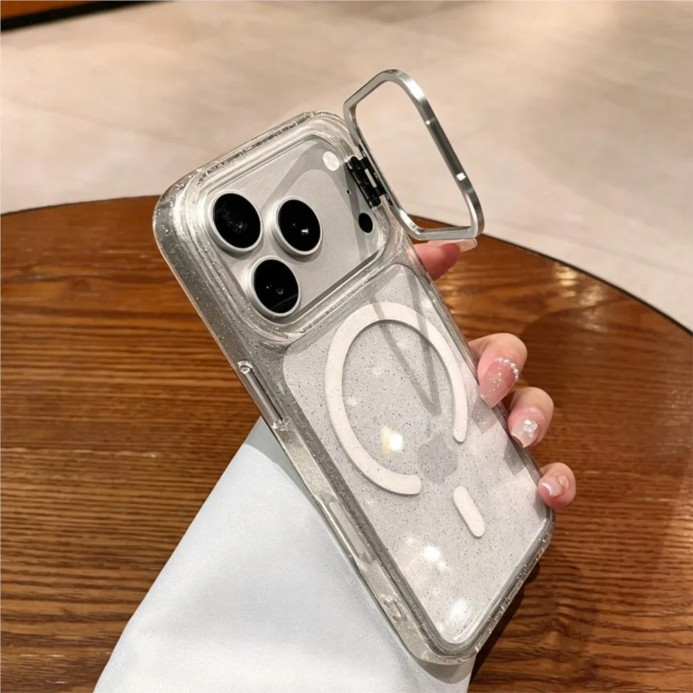 Luxury Bling Glitter Camera Protection Stand Holder Clear Case For iPhone 18 17 16 15 14 13 Pro Max For Magsafe Shockproof Cover