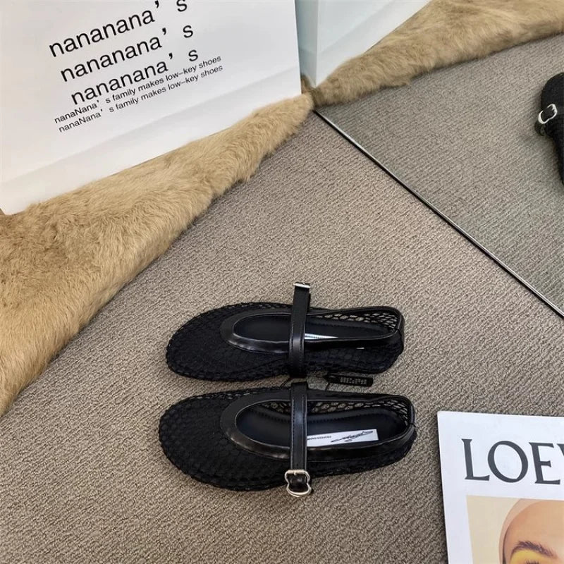 2025 Nieuwe platte balletschoenen voor dames met holle mesh - Casual mode Veelzijdige ademende visnetsandalen