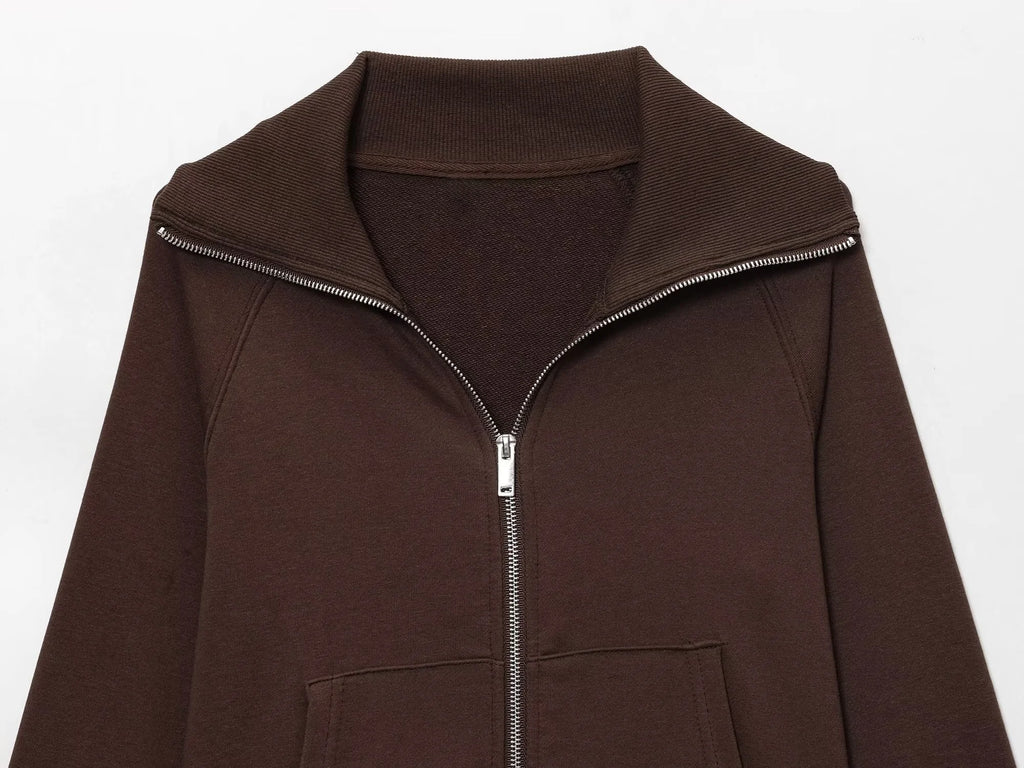 2025 Herfst Nieuwe Vrouwen Casual Revers Lange Mouwen Rits Fleece Jas + Hoge Taille Badstof Uitlopende Broek
