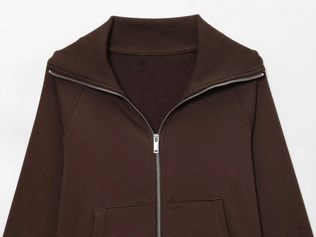 2025 Herfst Nieuwe Vrouwen Casual Revers Lange Mouwen Rits Fleece Jas + Hoge Taille Badstof Uitlopende Broek