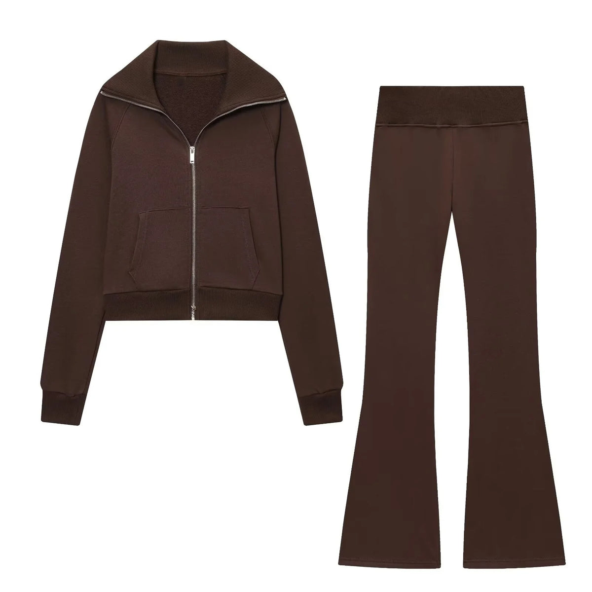 2025 Herfst Nieuwe Vrouwen Casual Revers Lange Mouwen Rits Fleece Jas + Hoge Taille Badstof Uitlopende Broek