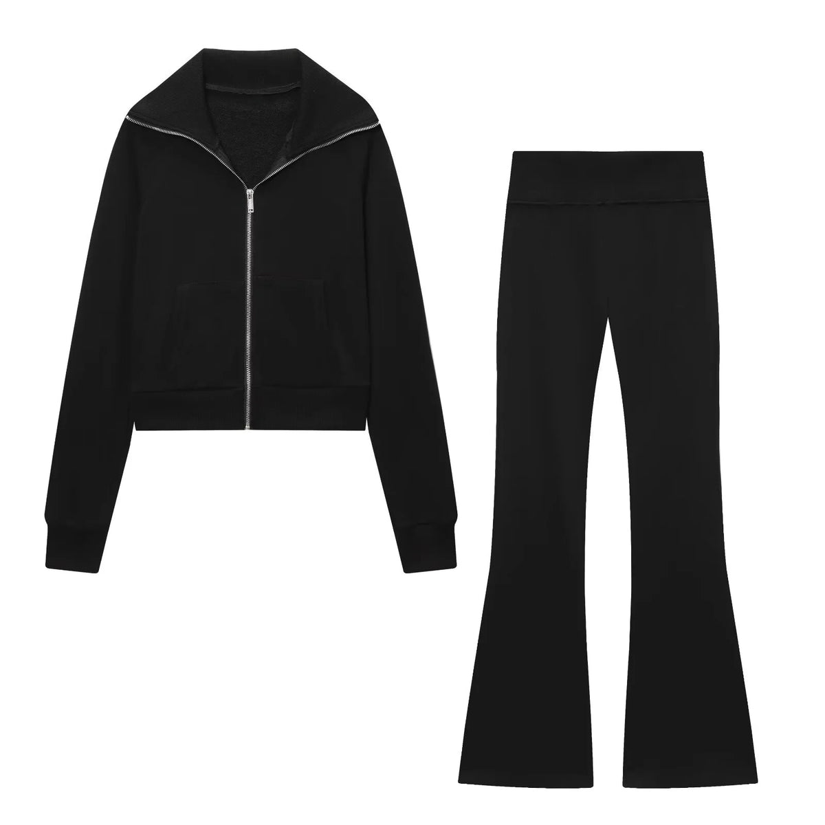 2025 Herfst Nieuwe Vrouwen Casual Revers Lange Mouwen Rits Fleece Jas + Hoge Taille Badstof Uitlopende Broek