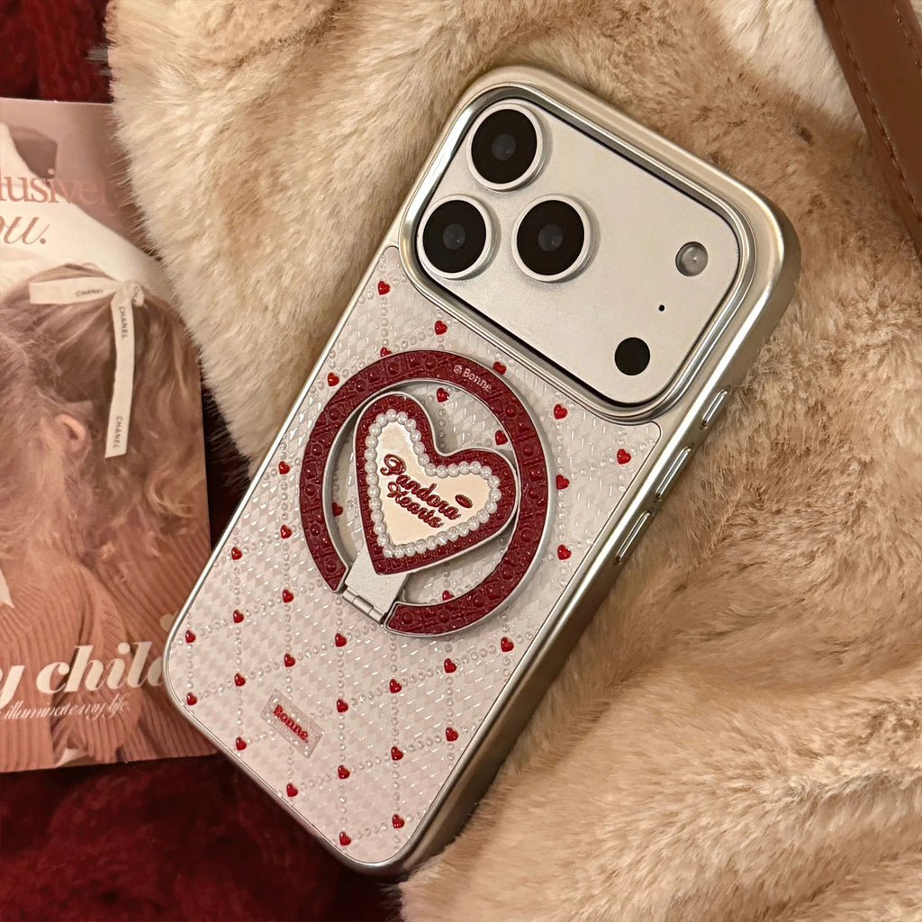 French Style Red Sanding Texture Heart Mirror With Holder Magnetic Phone Cover Case for iPhone 17 16 15 14 13 12 Pro Max Plus